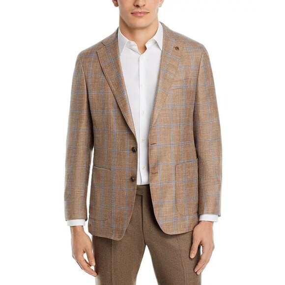PETER MILLAR Sport Coat Mens Size 46 R Tan Mason Windowpane Plaid Jacket $1295 - Picture 1 of 14